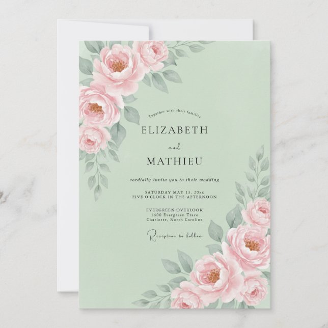 Convites Casamento Floral Romântico Verde Pálido (Frente)