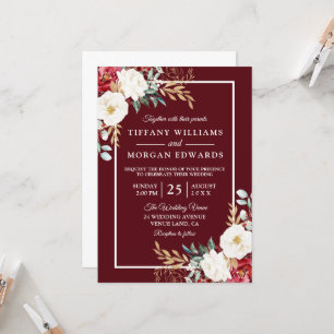 Convites Casamento Floral Romântico Vermelho Branco Elegan