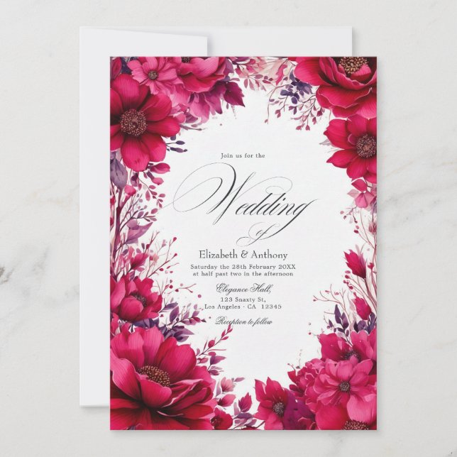Convites Casamento Floral Romântico Viva Magenta (Frente)