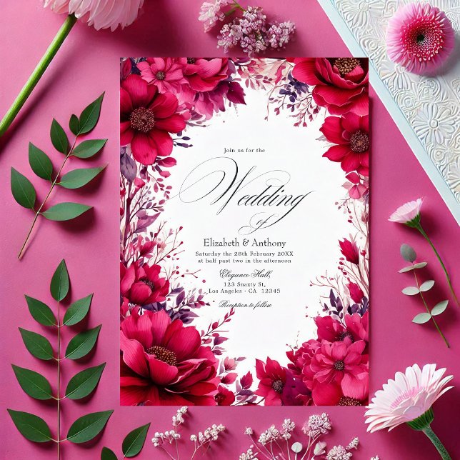 Convites Casamento Floral Romântico Viva Magenta (Romantic Viva Magenta Floral Wedding Invitation)