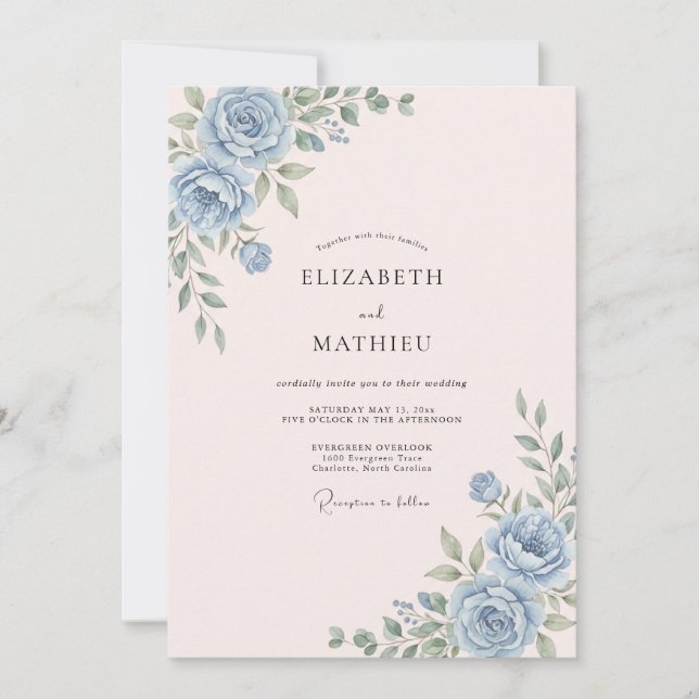Convites Casamento Floral Rosa Azul (Frente)