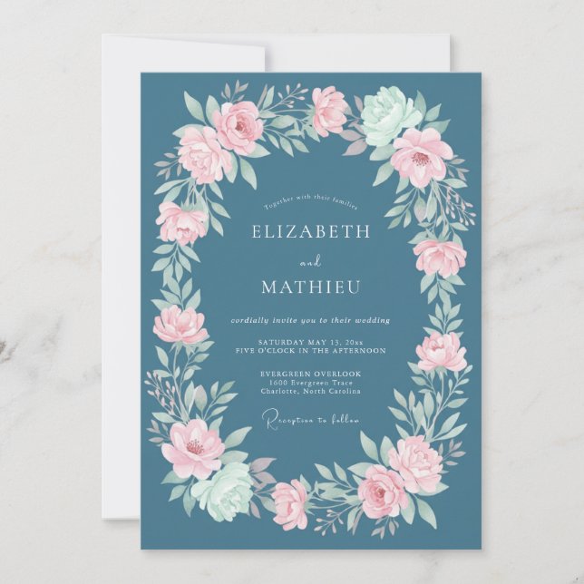 Convites Casamento Floral Rosa Azul Ardósia (Frente)