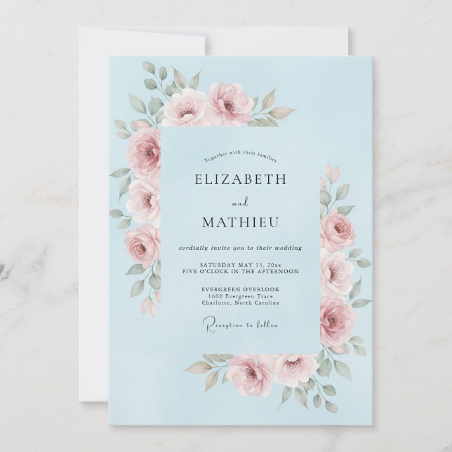 Convites Casamento Floral Rosa Azul Claro (Frente)