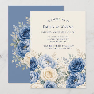 Convites Casamento Floral Rosa Azul e Creme