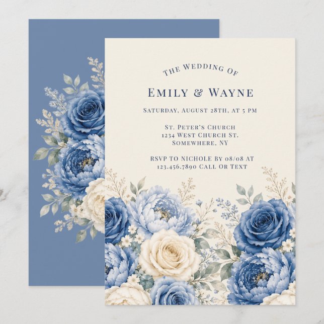 Convites Casamento Floral Rosa Azul e Creme  (Frente/Verso)