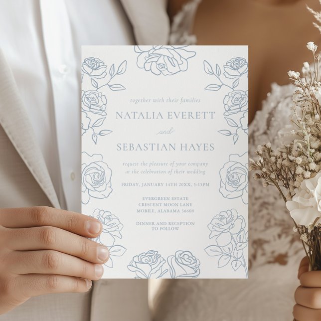 Convites Casamento Floral Rosa Azul Elegante (Criador carregado)