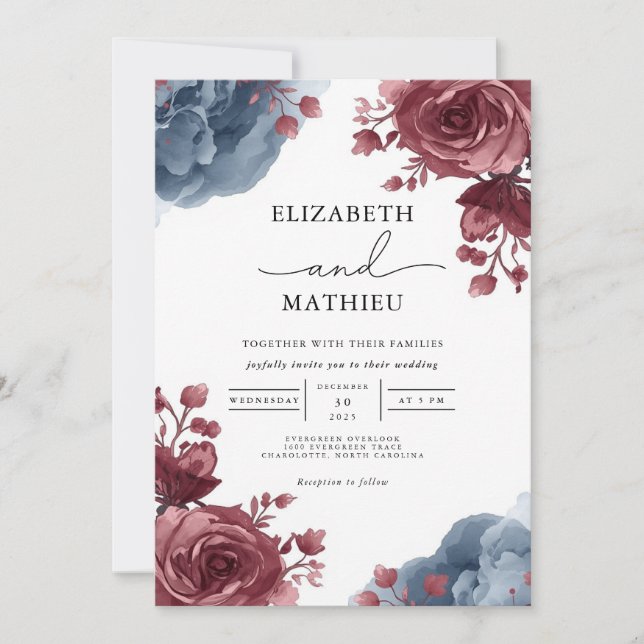 Convites Casamento Floral Rosa Azul Elegante (Frente)