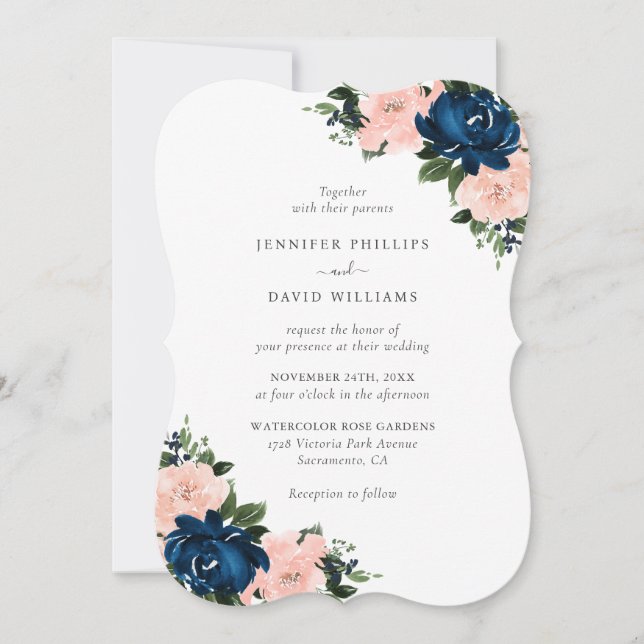 Convites Casamento Floral Rosa Azul Marinho (Frente)