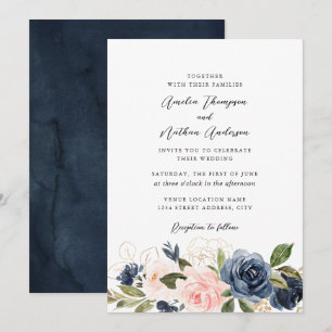 Convites Casamento Floral Rosa Azul-Marinho Dourado Luxuria