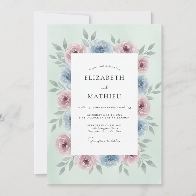Convites Casamento Floral Rosa Azul Menta Romance (Frente)