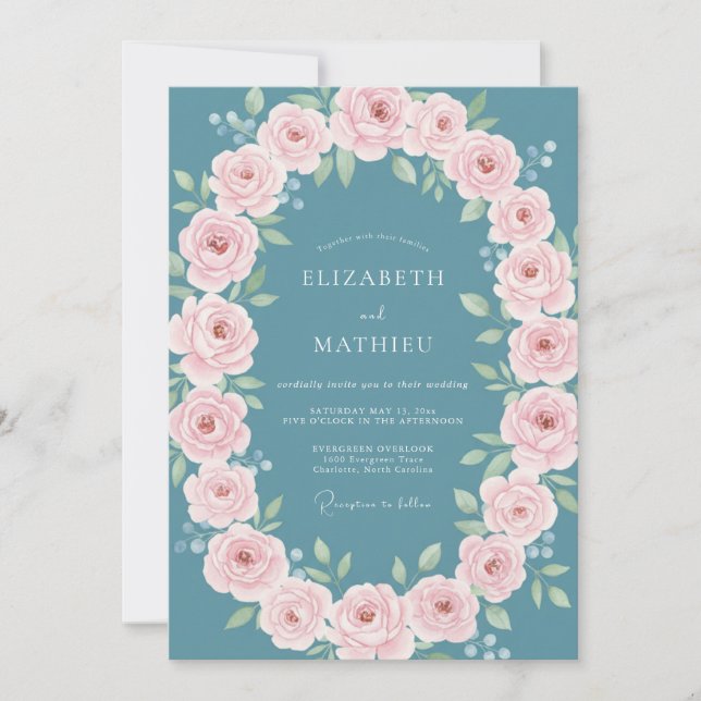 Convites Casamento Floral Rosa Azul Poeirento (Frente)