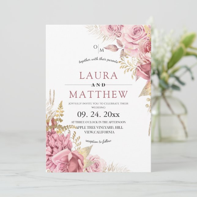 Convites Casamento Floral Rosa Bege (Em pé/Frente)