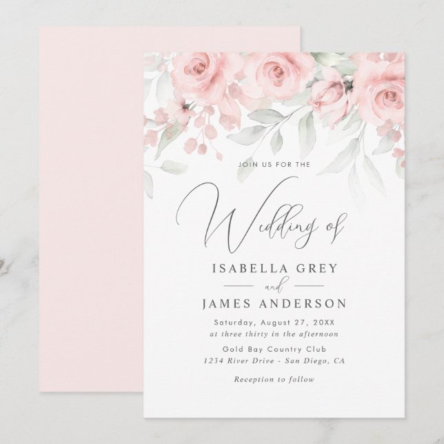 Convites Casamento Floral Rosa Bege  (Frente/Verso)