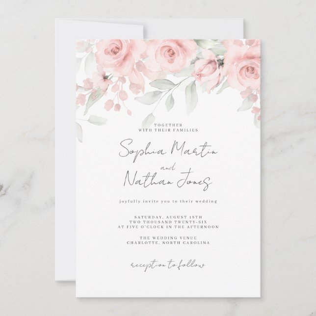 Convites Casamento Floral Rosa Bege (Frente)