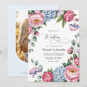 Convites Casamento Floral Rosa Bege, Azul e Lavanda
