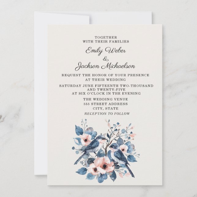 Convites Casamento Floral Rosa Bege Azul Marinho Pássaros (Frente)