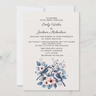 Convites Casamento Floral Rosa Bege Azul Marinho Pássaros