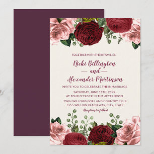 Convites Casamento Floral Rosa Bege Borgonha Romântico