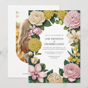 Convites Casamento Floral Rosa Bege, Champanhe e Dourado