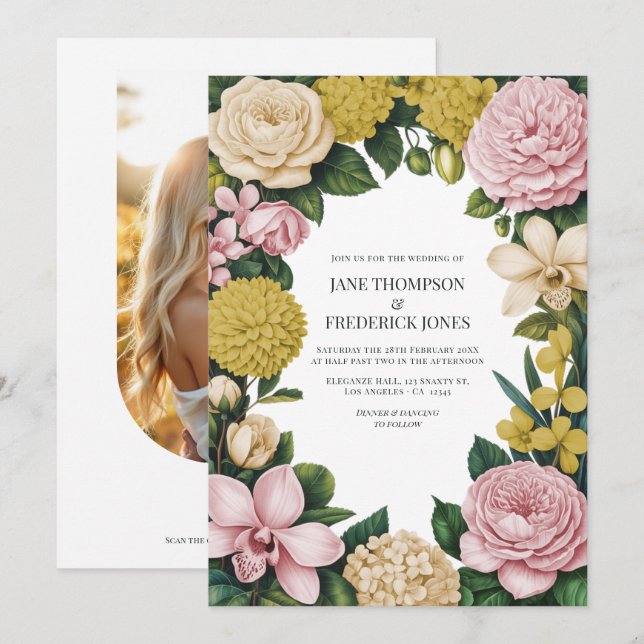 Convites Casamento Floral Rosa Bege, Champanhe e Dourado (Frente/Verso)