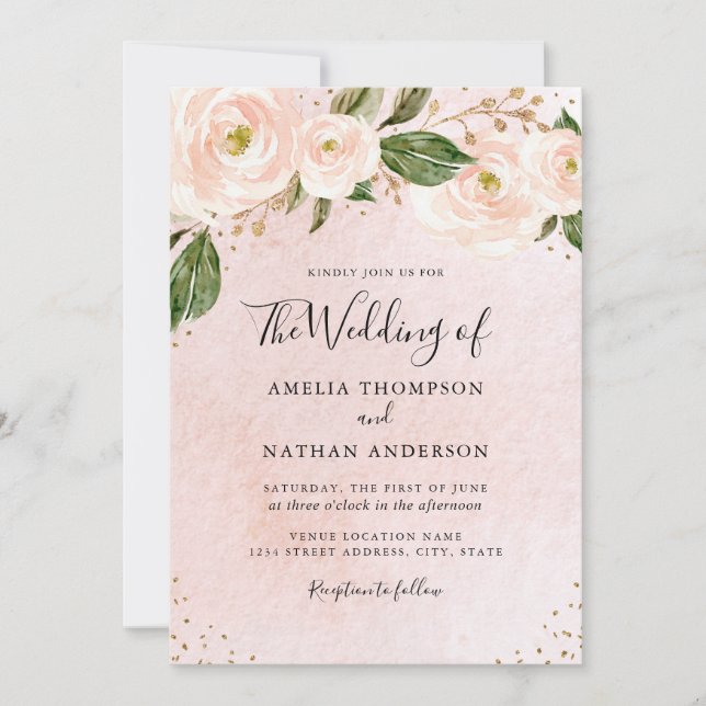 Convites Casamento Floral Rosa Bege Dourado  (Frente)