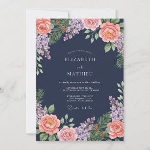 Convites Casamento Floral Rosa Bege e Azul Marinho