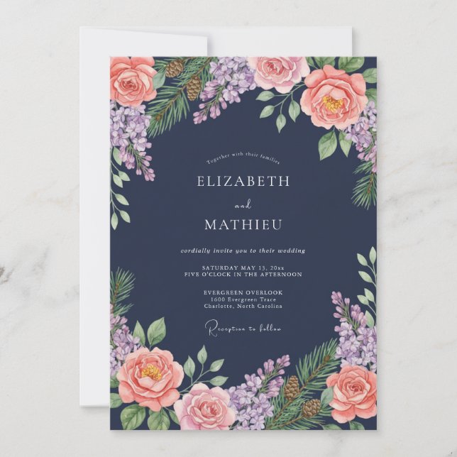 Convites Casamento Floral Rosa Bege e Azul Marinho (Frente)