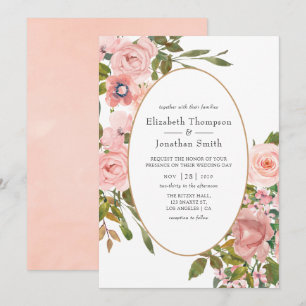 Convites Casamento Floral Rosa Bege e Dourado Rosa