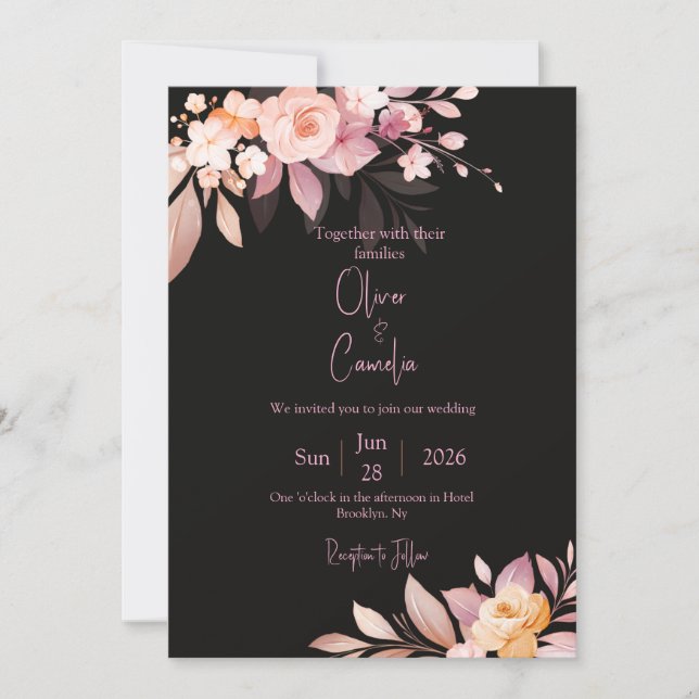 Convites Casamento Floral Rosa Bege e Preto  (Frente)