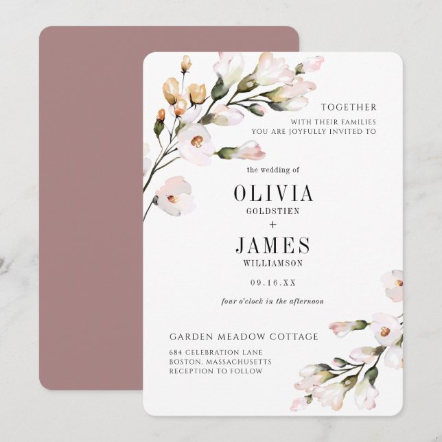 Convites Casamento Floral Rosa Bege Elegante (Frente/Verso)