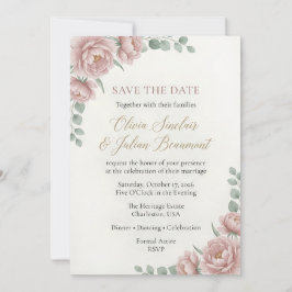 Convites Casamento Floral Rosa Bege Elegante em Aquarela 