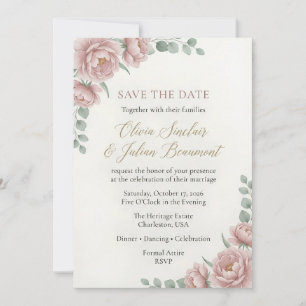 Convites Casamento Floral Rosa Bege Elegante em Aquarela
