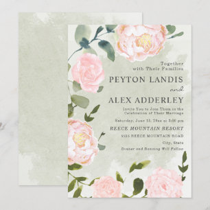 Convites Casamento Floral Rosa Bege Elegante em Verde Sálvi