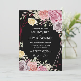 Convites Casamento Floral Rosa Bege Geométrico Dourado Eleg