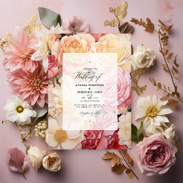 Convites Casamento Floral Rosa Bege, Marfim e Dourado