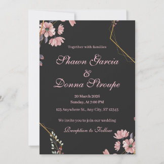Convites Casamento Floral Rosa Bege Romântico Preto