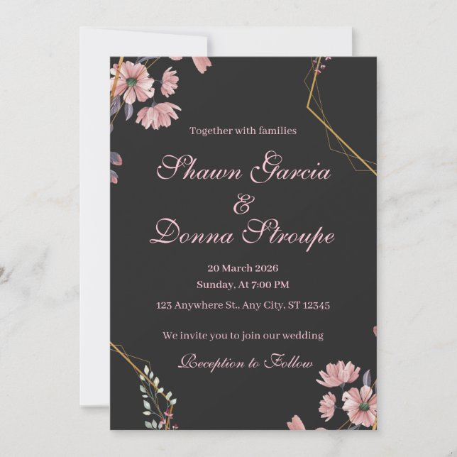 Convites Casamento Floral Rosa Bege Romântico Preto (Frente)