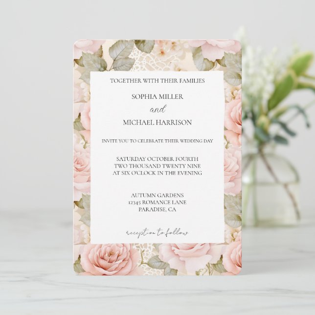 Convites Casamento Floral Rosa Bege Romântico Rosa Blush (Em pé/Frente)