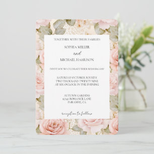 Convites Casamento Floral Rosa Bege Romântico Rosa Blush
