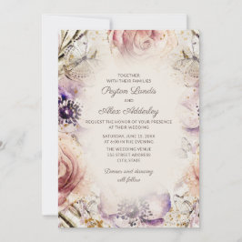 Convites Casamento Floral Rosa Bege Roxo Vintage Elegante