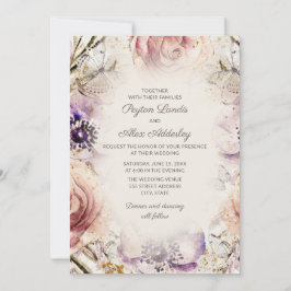 Convites Casamento Floral Rosa Bege Roxo Vintage Elegante