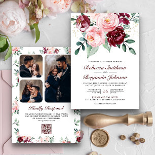 Convites Casamento Floral Rosa Bege Rústico Código QR Borgo