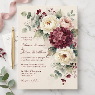 Convites Casamento Floral Rosa Beije Burgundy Aquarela