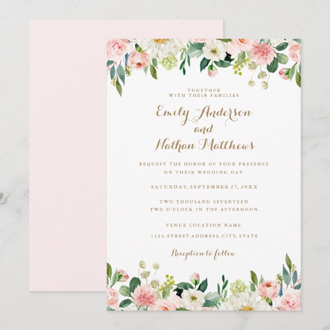 Convites Casamento Floral Rosa Beije com Aquarela (Frente/Verso)