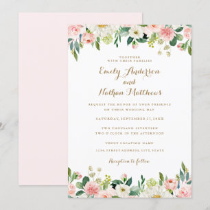 Convites Casamento Floral Rosa Beije com Aquarela