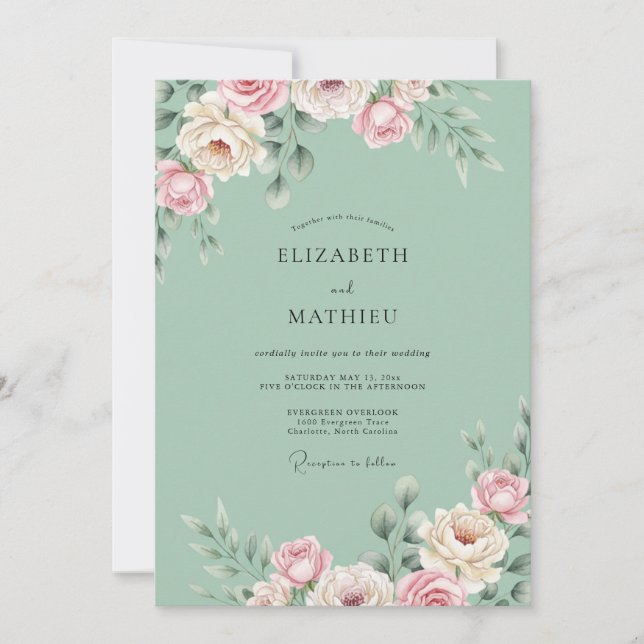 Convites Casamento Floral Rosa Beije Saibro (Frente)