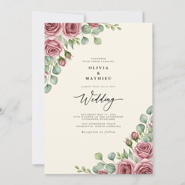Convites Casamento Floral Rosa Beijo (Frente)
