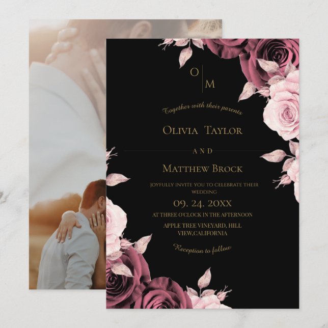 Convites Casamento Floral Rosa Blush  (Frente/Verso)