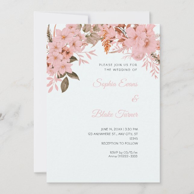 Convites Casamento Floral Rosa Boho Inverno Azul Claro (Frente)