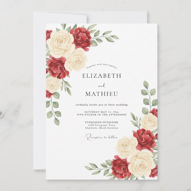 Convites Casamento Floral Rosa Borgonha (Frente)